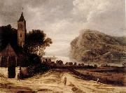 Philippe de Momper An extensiver river landscape with a church,cattle grazing and a traveller on a track oil painting
